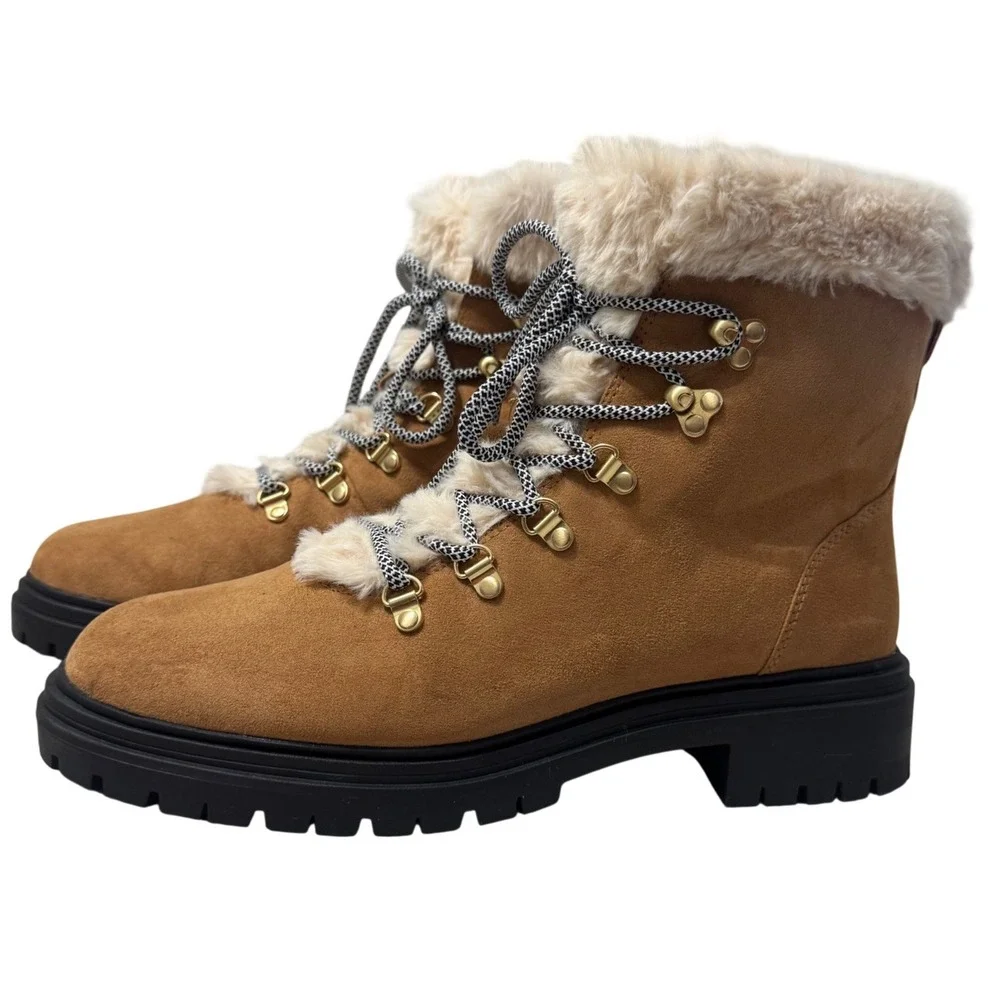 J. Crew Factory Hiking Boots Womens 9.5 Tan Excellent Faux Fur Lug Sole